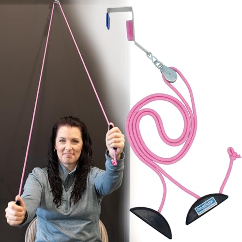 RangeMaster PinkRanger Over The Door Shoulder Pulley for Physical Therapy │ Aids Pain Free Range of Motion in Frozen Shoulder │ Adjustable Cleated Handles, Metal Bracket Door Attachment - color: Pink, style: Metal Bracket Door Attachment