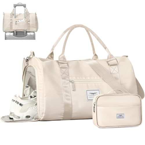FIORETTO Womens Gym Tote Duffle Bag with Toiletry Bag, Sports Duffel Overnight Hospital Workout Carry on Bag for Girls with Wet Pocket & Shoe Compartment, Ideal for Travel, Swimming, Dance Beige - color: Beige, style: Gym Bag With Toiletry Bag