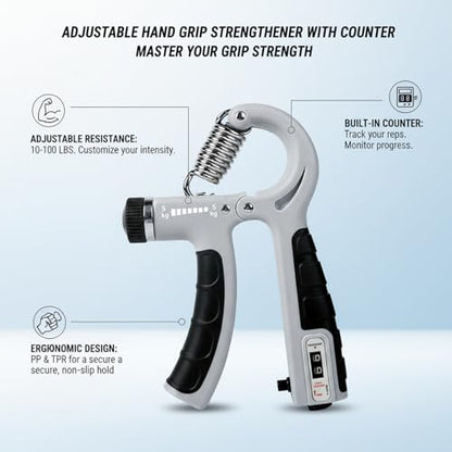 Adjustable Hand Grip Strengthener with Auto Counter, 10-100 lbs Resistance for Forearm Training, Ergonomic Non-Slip Design - color: Gray