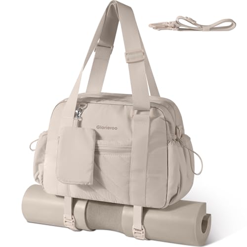 Small Gym Bag for Women - Duffle Weekender Work Duffel Carry on Tote Bag | Puffer Yoga Mat Holder Wet Compartment Coin Purse BPA-Free - color: Khaki