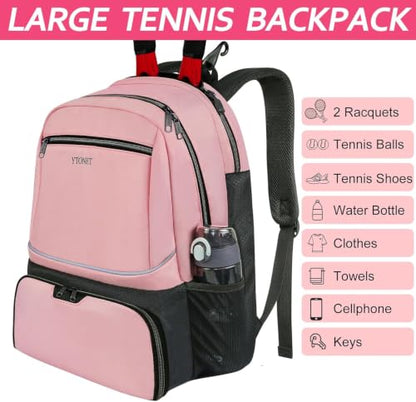 Ytonet Tennis Bag Tennis Backpack for Women Men 2 Rackets | Insulated Pocket and Ventilated Shoe Compartment, Gym Bags with Fence Hook for Pickleball and Badminton Rackets - color: Pink
