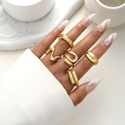 YEEZII Chunky Gold Rings for Women Non Tarnish, 18K Gold Plated Stackable Thumb Ring, Statement Women Rings Set - color: Gold-B-14k