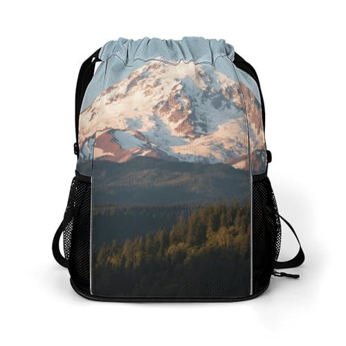 Small Gym Bag Mount Rainier Printed Drawstring Gym Bag for Men Lightweight Waterproof Drawstring Backpack for Women with Shoe Compartment for Travel Tourism Work And Fitness