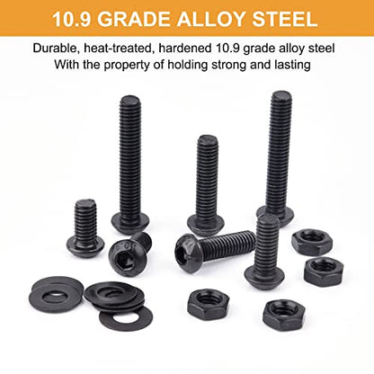 VIGRUE 225PCS M6 x 12/14/16/20/25/30mm Button Head Hex Socket Cap Screws Bolts Nuts Washer Assortment Kit, 10.9 Grade Alloy Steel Black Oxide, Fully Threaded - size: m6 button black 12-30mm