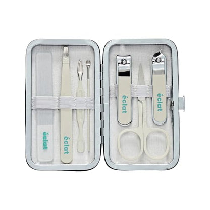 Éclat Manicure Pedicure Kit for Men & Women, 7Pcs Finger & Toe Nail Care Tools Includes Nail Clipper Cutter, Tweezer, File, Cuticle Pusher, Personal Care Professional Grooming Set With Travel Case - color: Mini Mani+pedi Set (7pc Cream)