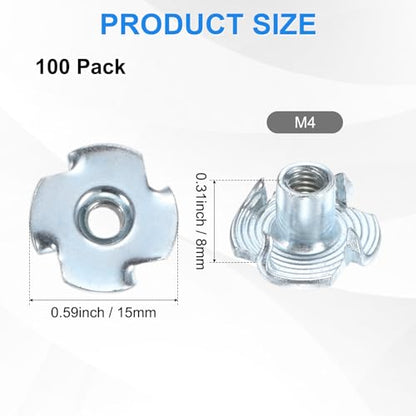 M METERXITY 100-Pack M4x8mm T-nut, 4-Pronged Tee Nut Threaded Insert | Carbon Steel, for Wood, Rock Climbing Holds, Furniture, Corrosion Resistant Fasteners - size: M4x8mm