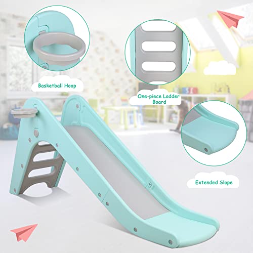 Toddler Indoor Slide, Foldable Baby Climber Playset with Basketball & Hoop | 63 in Extra Long Slope, Non-Slip Steps, Sturdy Plastic, Outdoor Playground for Backyard, Home & Playroom Use, Robin Egg Blue - color: Robin Egg Blue