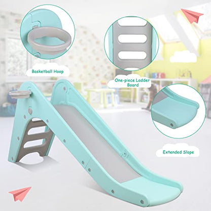 Toddler Indoor Slide, Foldable Baby Climber Playset with Basketball & Hoop | 63 in Extra Long Slope, Non-Slip Steps, Sturdy Plastic, Outdoor Playground for Backyard, Home & Playroom Use, Robin Egg Blue - color: Robin Egg Blue