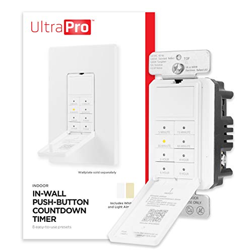 UltraPro Countdown in-Wall Digital Timer Switch, 8 Presets, On/Off Button | 8 Countdowns from 5min to 8hrs, Manual Override, Wall Plate Not Included, Ideal for Bathrooms, Neutral Required - style: Push Button Timer