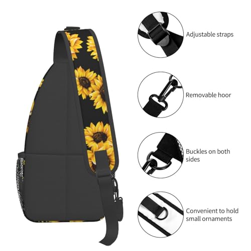 Sunflower Crossbody Sling Bag for Women Men Cute Yellow Flowers on Black Background Travel Sling Backpack Casual Chest Shoulder Bag Lovely Summer Floral Print Gym Sports Hiking Daypack - color: Yellow Black