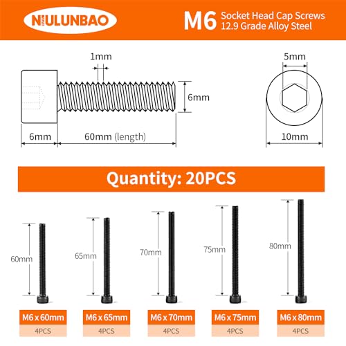 M6 x 60mm 65mm 70mm 75mm 80mm Hex Socket Head Cap Screws Bolts 12.9 Grade Alloy Steel, Black Oxide Finish, Metric Allen Hex Drive, Machine Fully Threaded, Assortment Kit 20PCS - size: M6 x 60/65/70/75/80mm (20PCS)