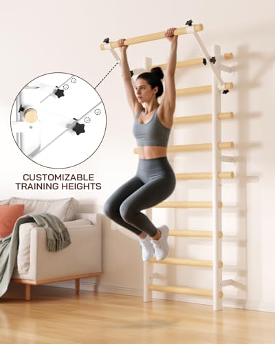 Swedish Ladder Wall Gym, Wooden Wall-Mounted Stall Bars with Pull-up Bar & Exercise Straps & Dip Bars, Stretching Ladder Full Body Home Gym Adults New - color: White