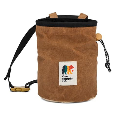 Oso Supply Co - Waxed Canvas Chalk Bag - Zipper Pocket & Mesh Pouch for Bouldering, Rock Climbing, Gym, Weightlifting – Water-Resistant, Adjustable Belt, Wide Opening - color: Chestnut Brown / Khaki