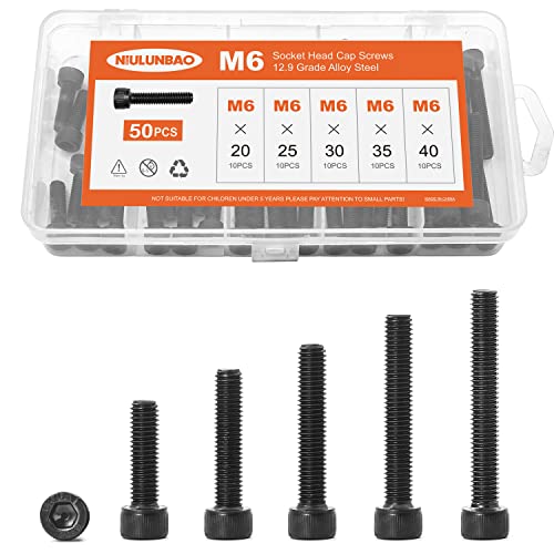 M6 x 20mm 25mm 30mm 35mm 40mm Hex Socket Head Cap Screws Bolts 12.9 Grade Alloy Steel, Black Oxide Finish, Metric Allen Hex Drive, Machine Fully Threaded, Assortment Kit 50PCS - size: M6 x 20/25/30/35/40mm (50PCS)