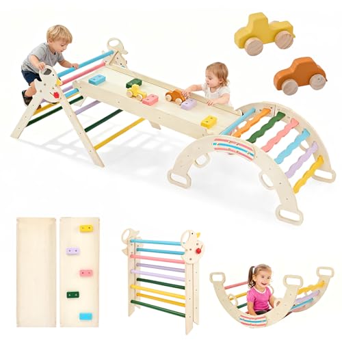 DUMOS Pikler Triangle Set, Toddler Climbing Toys and Play Structure Indoor, 9-in-1 Wooden Montessori Climbing Set with Arch, Ramp and Ladder, Foldable Baby Jungle Gym, Rainbow - color: Rainbow