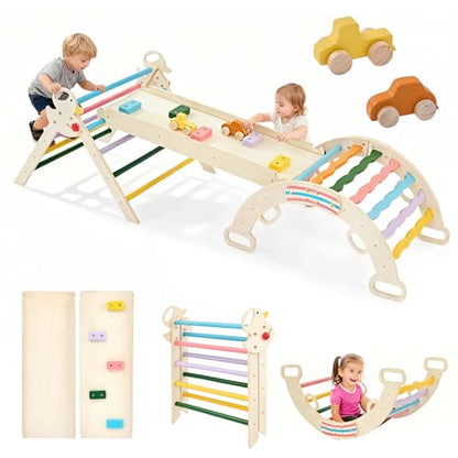 DUMOS Pikler Triangle Set, Toddler Climbing Toys and Play Structure Indoor, 9-in-1 Wooden Montessori Climbing Set with Arch, Ramp and Ladder, Foldable Baby Jungle Gym, Rainbow - color: Rainbow