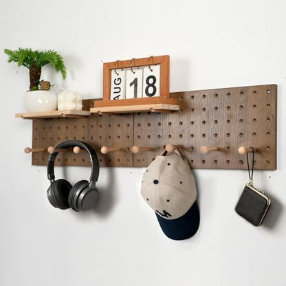 Brown Wood Pegboard Modular Set of 2 | Includes wall hooks & shelf, for home/office/bathroom storage - color: Brown