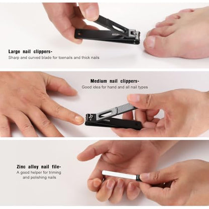 HAWATOUR Nail Clippers Set Zinc Alloy 420J2 Stainless Steel, Black | Ultra Sharp Curved Blade, Fingernail and Toenail Clipper, Visibly Tin Case, Cut-Out Design