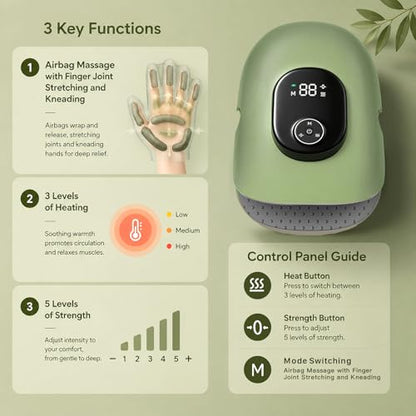 Heated Hand Massager with Finger Stretching & Kneading, Electric Hand & Wrist Massager, 4 Massage & 5 Compression & 3 Temperatures Modes, Gifts for Women Men (Green) - color: Grey