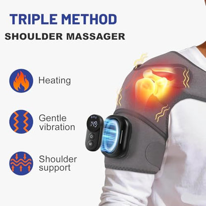 Triple Method Shoulder Massager for Deep Tissue, 5000mAh Cordless Wearable Vibration Heated Shoulder Brace for Muscle Massage Home & Outdoor (LightGray)