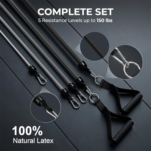 VEICK Resistance Bands with Handles, Ankle Straps, Door Anchor | Accredited Lab Certified, 100% Natural Latex, Cushioned Handles, Versatile for Yoga, Pilates, Strength, Home Gym - color: Gray 150LBS