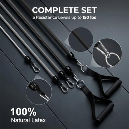 VEICK Resistance Bands with Handles, Ankle Straps, Door Anchor | Accredited Lab Certified, 100% Natural Latex, Cushioned Handles, Versatile for Yoga, Pilates, Strength, Home Gym - color: Gray 150LBS