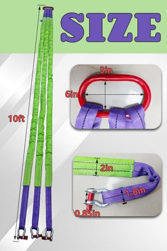 Lifting Slings Straps with Shackles - 10 FT, 6600LB Capacity Polyester Bridle Sling, Heavy Duty Three Leg Rigging Strap for Cranes, Hoists, Trucks, Heavy Equipment Moving (SJ-3Leg-3T)