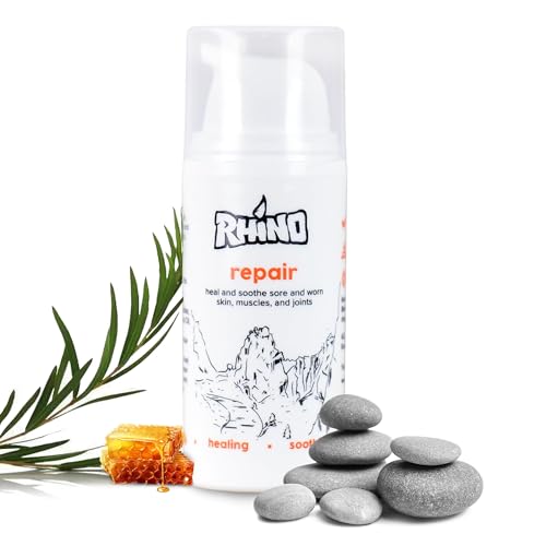 Rhino Skin Solutions Repair Cream Made for Your Adventure, Hand Repair Cream for Dry Cracked Hands, Non Greasy Hand Lotion with Honey and Tea Tree for Athletes and Workers, Made in USA (1 oz) | Cooling non-greasy care, compact press dispenser, for post-cl
