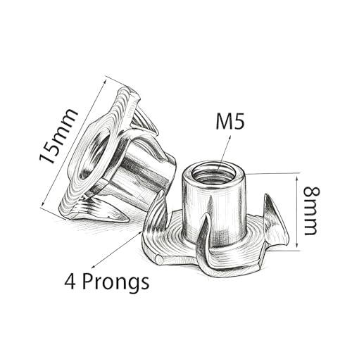 M5 Tee Nuts for Wood: 60 Pack Thickening 4 Prong Threads Inserts Carbon Steel – Clean Threads No Rust – for Plywood & Particle Board - size: M5(60Pack)