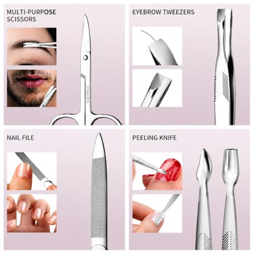 Nail Clippers Kit Manicure Pedicure Set with Holographic Case(Pink) | 12-Piece Set with Thicker Steel, Precision-ground Cutting Edges, and Smooth-finished Tools for Clean, Precise Trimming. - color: Pink
