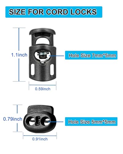 TTeebmi 20PCS Cord Locks for Drawstrings – 10 Single Hole and 10 Double Hole Spring Cord Stoppers – Plastic Toggle Clips for Bags, Shoes, DIY Crafts, Hoodies, Pants, Tent Ropes