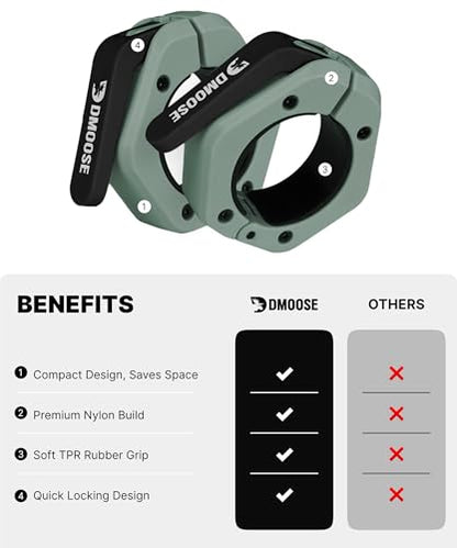 DMoose Fitness Barbell Clips 2 Inch (Pair) - Quick Release Olympic Barbell Clamps & Collars with Anti Slip TPR Grip for Secure Weightlifting and Powerlifting - Weight Clips for Bars at Home or Gym - color: Ranger Green, style: Magnetic