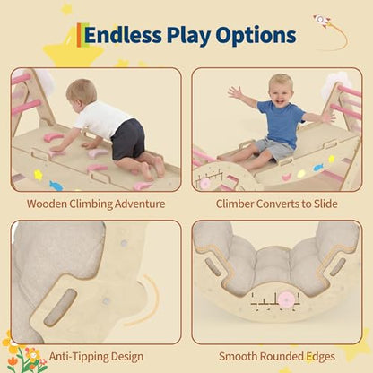 OUTLANE Pikler Triangle Set, 7-in-1 Foldable Wooden Toddler Climbing Toys Indoor, Jungle Gym for Toddlers, Large Montessori Climbing Set with Reversible Slide, Arch Ramp, Ladder & Cushion (Pink) - color: Pink