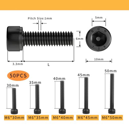 M6 x 30mm 35mm 40mm 45mm 50mm Hex Socket Head Cap Screws Bolts, 12.9 Grade Alloy Steel, Black Oxide Finish, Fully Threaded, Metric Allen Hex Drive, Assortment Kit 50Pcs - size: Hex Socket Head M6x30, 35, 40, 45, 50mm(50pcs)