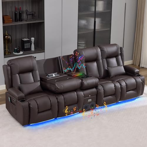 IPKIG Power Recliner Sofa with Flip-Up Backrest Console, USB & USB-C Ports, AC Outlet, LED Lights, Wall Hugger Recliners for Living Room, RV (Brown, 110.9" - 5 Seat) - color: Brown, size: 110.9" - 5 Seat