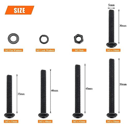 HELIFOUNER 200 Pieces M5 x 30mm /35mm /40mm /45mm /50mm, Button Head Socket Cap Metric Screws Bolts Washers Nuts Kit, 10.9 Grade Alloy Steel, Fully Threaded, Black - size: M5 x 30/35/40/45/50mm, style: Button Head