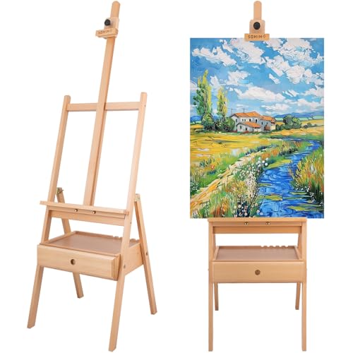 Large Beechwood H-Frame Studio Easel Stand with Storage Drawer, Natural | Height Adjustable to 35Inches High, Suitable for Painting, Sketching and Displaying - style: Basic Natural