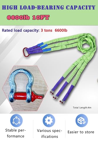 Lifting Slings Straps with Shackles - 10 FT, 6600LB Capacity Polyester Bridle Sling, Heavy Duty Three Leg Rigging Strap for Cranes, Hoists, Trucks, Heavy Equipment Moving (SJ-3Leg-3T)