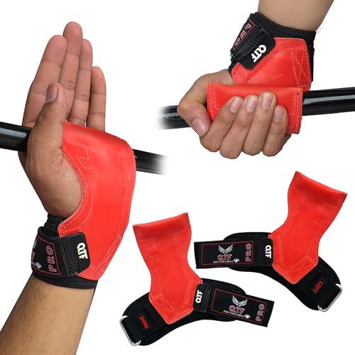 QTF Weight Lifting Grips (Pair) for Heavy Powerlifting, Wrist Straps for Deadlifts, Rows, Pull Ups, with Neoprene Padded Wrist Wraps Support and Strong Rubber Gloves or Straps for Bodybuilding. - color: Red, size: S