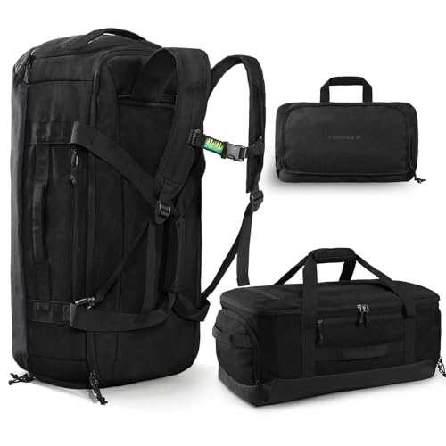 Haimont 60L Foldable Travel Duffel Backpack, Black | Shoe Compartment, Stowable Straps, U-Shaped Opening, Water-Resistant Build - color: Black