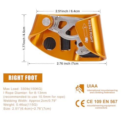 Foot Ascender, Outdoor Rock Climbing Tree Arborist, Mountaineering Rappelling Equipment Climbing Device for 8-13mm Rope（Left Black+Right Orange）
