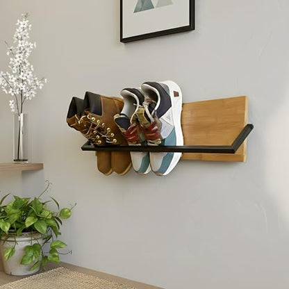 Wall Mounted Shoe Rack Scandinavian Bamboo & Metal Shoe Storage, Space-Saving Organizer for Entryway & Hallway, Fits All Shoe Sizes, Hanging Shoe Rack