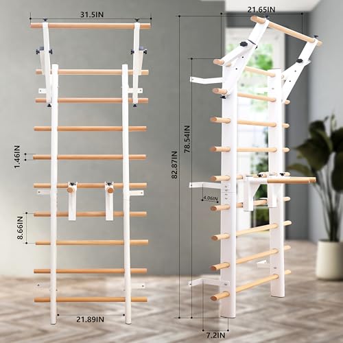 Stall Bars, Swedish Ladder for Adult and Kids, Wall Bar with Solid Beech Wood Rods, Durable Steel Frame, Adjustable Pull Up and Dip for Strength, Flexibility at Home Gym, Studio - color: White