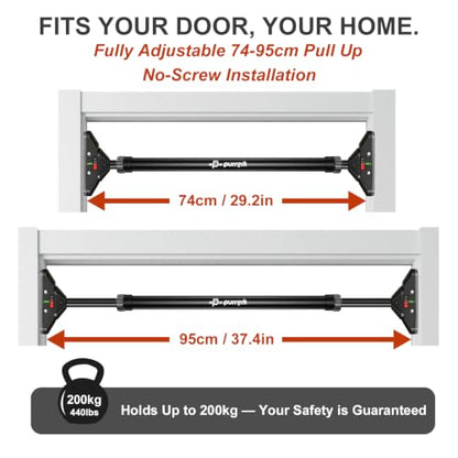 Adjustable Doorway Pull Up Bar No-Screw 440lbs | Fits 29.1-37.4in (74-95cm) door frames with 360° lock & foam pads + 2 spare pads. Home chin-up - color: Charcoal