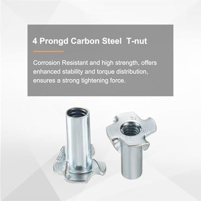 HARFINGTON 1/4x11mm T-Nuts 4 Pronged Tee Nut 0.68" x 0.43" Half Thread Carbon Steel Inserts for Wood, Rock Climbing Holds, Cabinetry, Furniture 50pcs - size: 1/4" x 0.43" x 0.68" x 0.43"
