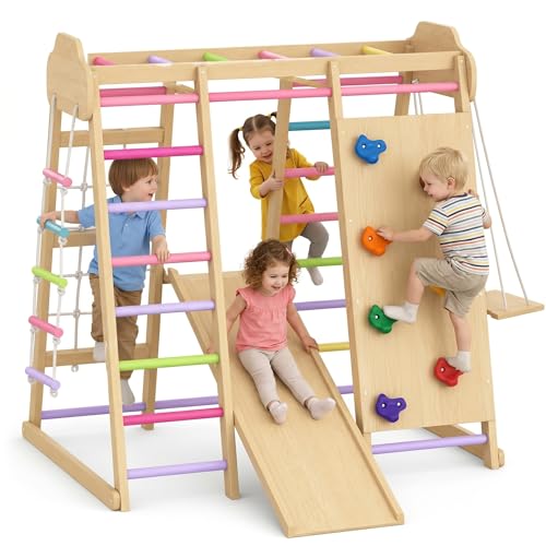 Indoor Playground Jungle Gym Playset, Wooden Pikler Montessori Climber with Slide, Swing, Rope Ladder, Monkey Bars, Climbing Net & Rock Wall, 9-in-1 Toddler Climbing Toy for Kids Indoor Playroom