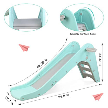 Toddler Indoor Slide, Foldable Baby Climber Playset with Basketball & Hoop | 63 in Extra Long Slope, Non-Slip Steps, Sturdy Plastic, Outdoor Playground for Backyard, Home & Playroom Use, Robin Egg Blue - color: Robin Egg Blue