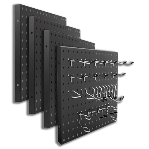 4PCS Stainless Steel Pegboard Panels with 50 Hooks, 12x16 Inch Pegboard Wall Organizer for More Storage Space - color: Black with Hooks, size: 12x16inch
