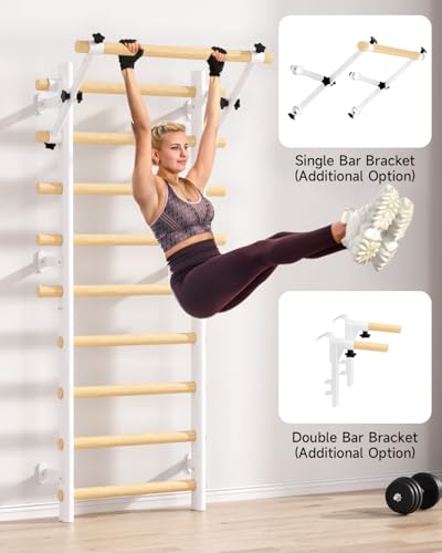 Swedish Ladder Wall Gym, Wooden Wall-Mounted Stall Bars with Pull-up Bar & Exercise Straps & Dip Bars, Stretching Ladder Full Body Home Gym Adults New - color: White