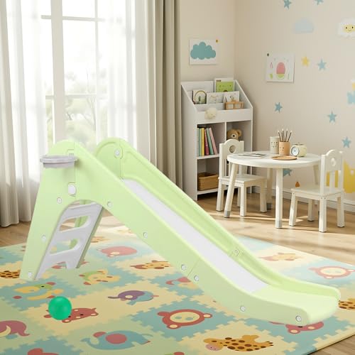 Toddler Indoor Slide, Foldable Baby Climber Playset with Basketball & Hoop | 63 in Extra Long Slope, Non-Slip Steps, Sturdy Plastic, Outdoor Playground for Backyard, Home & Playroom Use, Light Green - color: Light Green